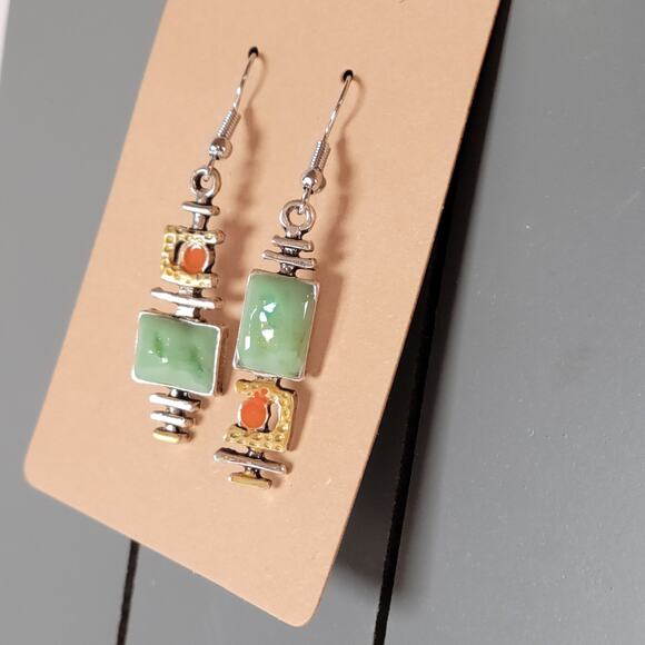 Boho Green Orange Dangle Earrings Pierced Silver Tone 1.9" Drop Jewelry Gift Bag - Picture 6 of 10